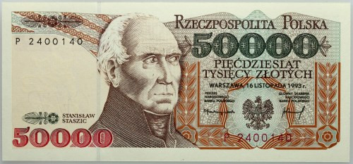 III RP, 50000 złotych 16.11.1993, seria P Numer 2400140.
Reference: Miłczak 191...