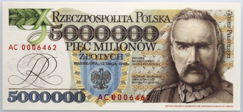 III RP, 5000000 złotych 1995, Józef Piłsudski, seria AC, z autografem Andrzeja H...