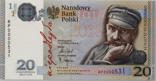 III RP, 20 złotych 2018, 100-lecie odzyskania Niepodległości, Józef Piłsudski, s...