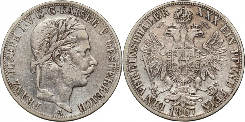 Austria, Franz Josef I, Vereinsthaler 1867 A, Vienna Silver 18,32 g. Srebro 18,3...