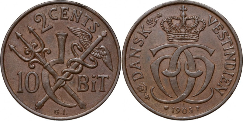 Danish West Indies, Christian IX, 2 Cents 1905 P♥GI, Copenhagen Reference: KM #7...