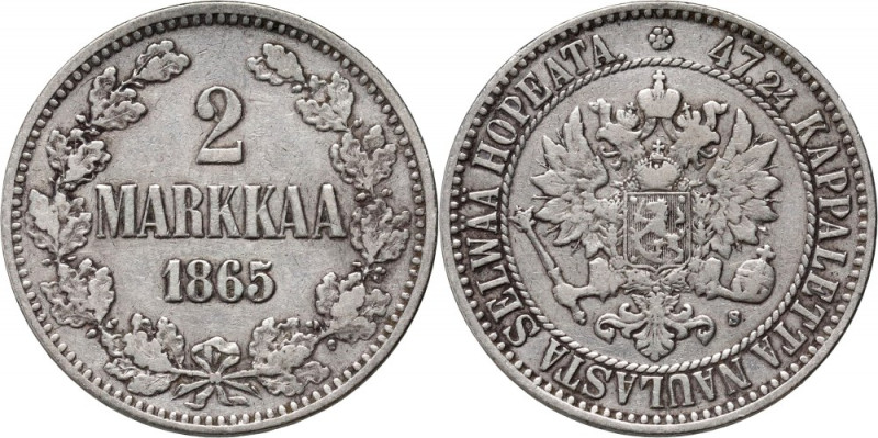 Finland, Alexander II, 2 Mark 1865 S, Helsinki Reference: KM #7
Grade: VF 

F...