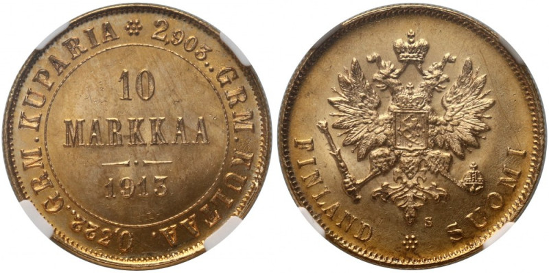 Finland, 10 Markkaa 1913 S, Helsinki Złoto.
Reference: Friedberg 6
Grade: NGC ...