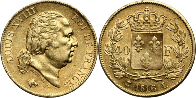 France, Louis XVIII, 40 Francs 1816 L, Bayonne Gold. Scarce mint. Mintage: 3258 ...