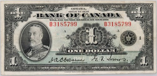 Canada, 1 Dollar 1935, series B Number 3185799. Signatures Osborne i Towers. Num...