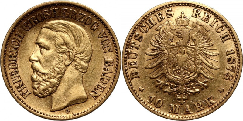 Germany, Baden, Friedrich I, 10 Mark 1878 G, Karlsruhe Gold 3,94 g. Bent.
 Złot...