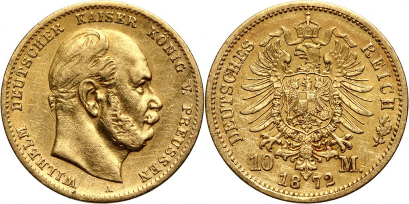 Germany, Prussia, Wilhelm I, 10 Mark 1872 A, Berlin Gold. Brushed.
 Złoto. Ślad...