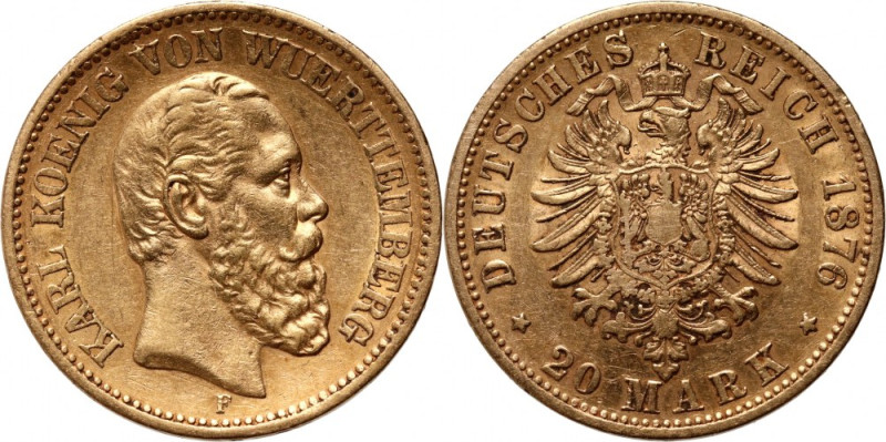 Germany, Württemberg, Charles I, 20 Mark 1876 F, Stuttgart Złoto 7,92 g. Złoto 7...