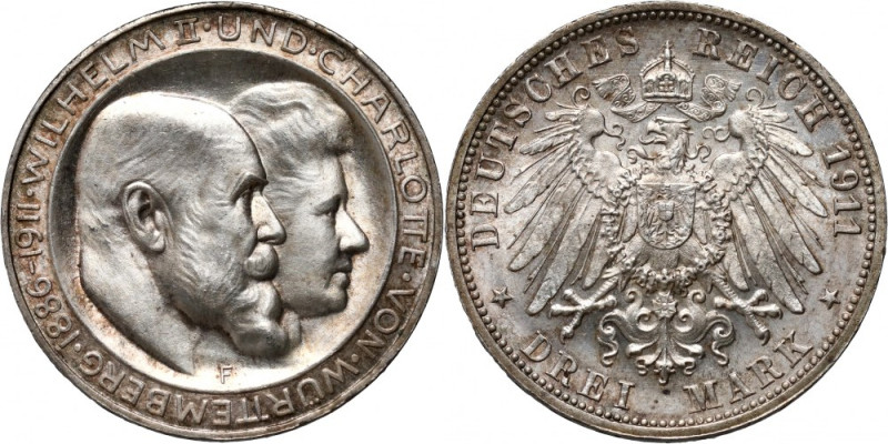 Germany, Wurttemberg, Wilhelm II, 3 Mark 1911 F, Stuttgart, Silver Wedding Anniv...