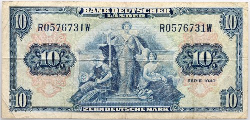 Germany, 10 mark 22.08.1949, series R Number 05767331W. Numer 05767331W.&nbsp; R...