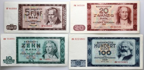 Germany, DDR, set of 4 banknotes, 100, 20, 10 and 5 Mark 1964 Złamane w pionie. ...