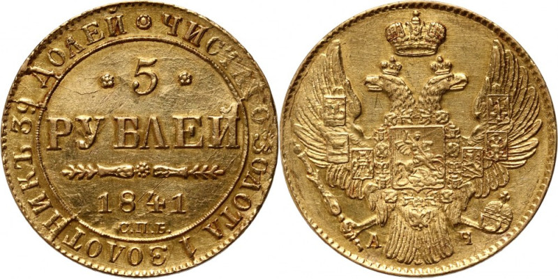 Russia, Nicholas I, 5 Roubles 1841 СПБ АЧ, St. Petersburg Gold 6,48 g. Złoto 6,4...