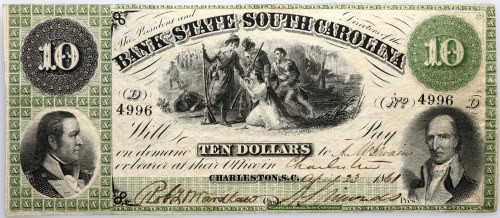 South Carolina, Columbia, 10 Dollars 1861, series D Number 4996. Numer 4996. Na ...