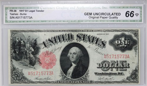 USA, Legal Tender, 1 Dollar 1917, series A Number A51715773A. Signatures Teehee ...