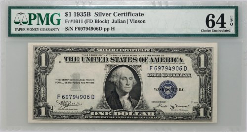 USA, 1 Dollar 1935 B, Silver Certificate, series F Number F69794906D. Blue seal....