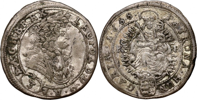 Hungary, Leopold I, 3 Kreuzer 1688 KB, Kremnitz Old, dark patina. Ciemna, stara ...