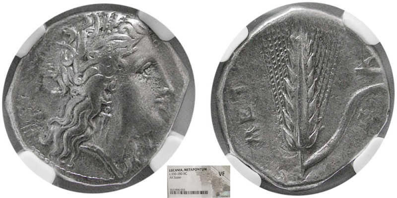 LUCANIA, Metapontum. Circa 330-280 BC. AR Stater. NGC-VF. Wreathed head of Demet...