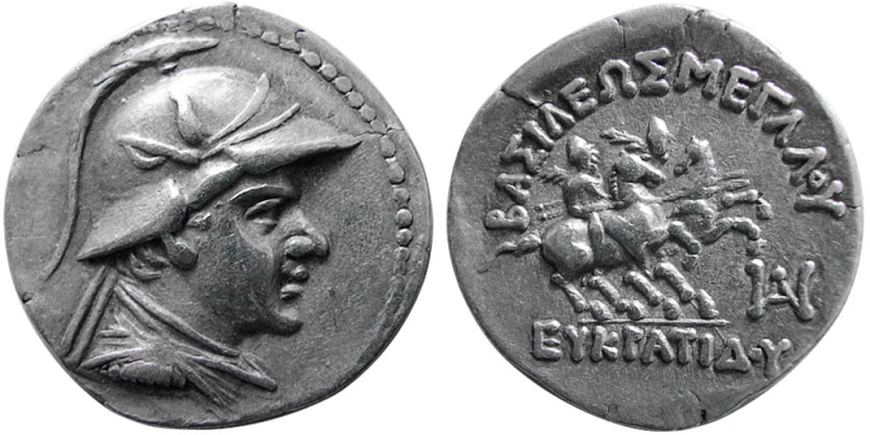 BAKTRIAN KINGS, Eukratides I. AD. 171-145. AR drachm (4.18 gm; 20 mm). Diademed,...