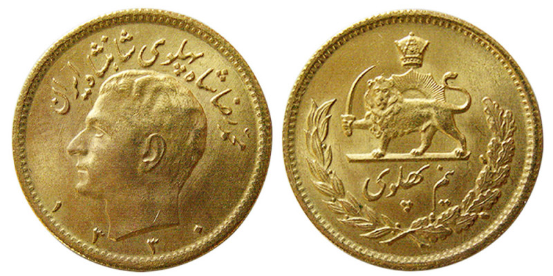 PAHLAVI DYNASTY, Mohammad Reza Shah. 1949-1979 AD. Gold Half Pahlavi (4.10 gm; 1...