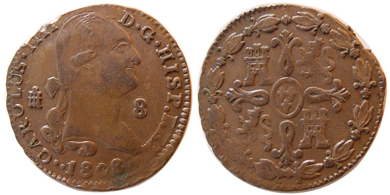 SPAINISH COLONIAL, Carolus IIII. 1808. 8 Maravedis (10.74 gm; 30 mm). dated 1808...