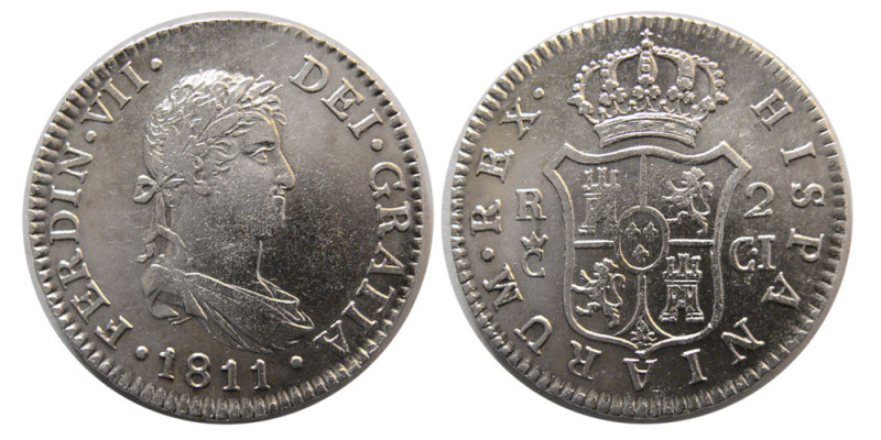 SPAINISH COLONIAL, Ferdinand VII. 1811-C.I. Silver 2 Reales (5.88 gm; 27 mm). Ch...