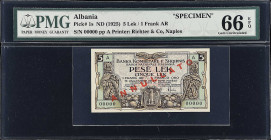 ALBANIA. Banca Nazionale d'Albania. 5 Lek, ND (1925). P-1s. Specimen. PMG Gem Uncirculated 66 EPQ.
Printed by Richter & Co., Naples. Red "Annullato" ...