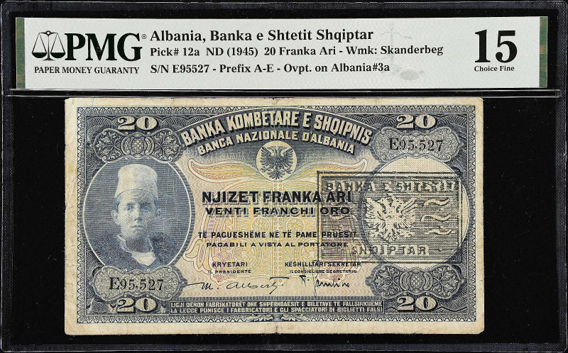 ALBANIA. Lot of (2). Banka E Shtetit Shqiptar. 20 Franka Ari, ND (1945). P-12a &...