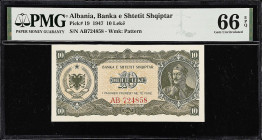 ALBANIA. Lot of (3). Banka E Shtetit Shqiptar. 10, 50, & 100 Leke, 1947. P-19, 20, & 21. PMG Gem Uncirculated 65 EPQ & 66 EPQ.
Included in this lot a...