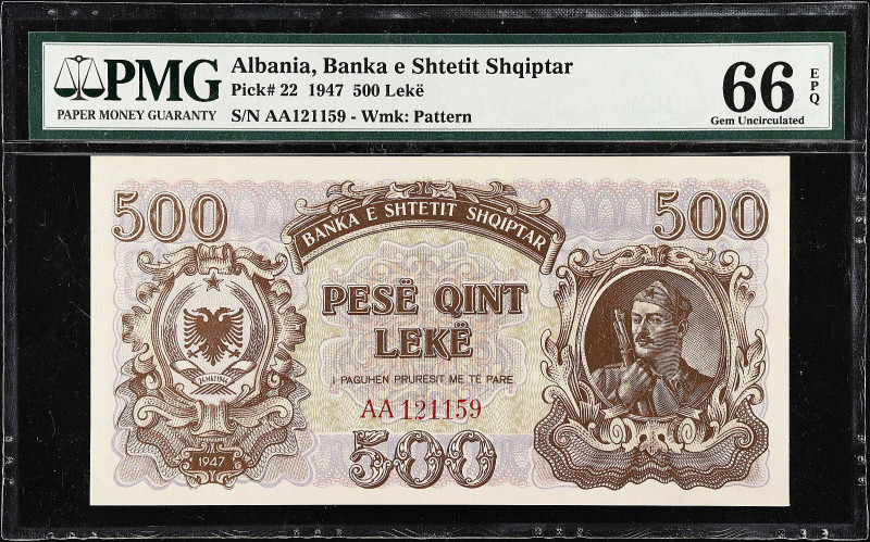 ALBANIA. Banka E Shtetit Shqiptar. 500 Leke, 1947. P-22. PMG Gem Uncirculated 66...