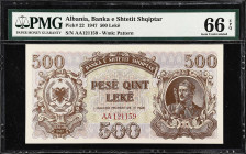 ALBANIA. Banka E Shtetit Shqiptar. 500 Leke, 1947. P-22. PMG Gem Uncirculated 66 EPQ.
Watermark of pattern. An impressive Gem example of this high de...