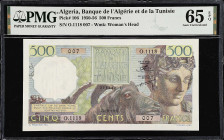 ALGERIA. Banque de l'Algerie et de la Tunisie. 500 Francs, 1956. P-106. PMG Gem Uncirculated 65 EPQ.
Dated 20th September, 1956. Watermark of woman's...