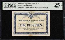 ANDORRA. Consell General De Les Valls D'Andorra. 5 Pessetes, 1936. P-3. Spanish Civil War. PMG Very Fine 25 Net. Repaired, Stains.
Just ten examples ...
