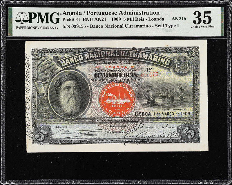 ANGOLA. Banco Nacional Ultramarino. 5 Mil Reis, 1909. P-31. PMG Choice Very Fine...