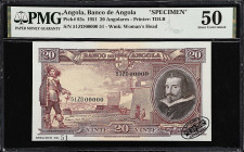 ANGOLA. Lot of (3). Banco de Angola. 20, 50 & 100 Angolares, 1951. P-83s, 84s & 85s. Specimens. PMG About Uncirculated 50 to Choice About Uncirculated...
