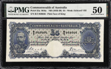 AUSTRALIA. Commonwealth Bank of Australia. 5 Pounds, ND (1933-39). P-23a. PMG About Uncirculated 50.
Watermark of Edward VIII. Pink face of the King....