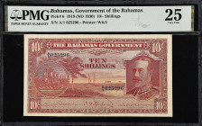 BAHAMAS. Bahamas Government. 10 Shillings, 1919 (ND 1930). P-6. PMG Very Fine 25.
Printed by W&S. A challenging denomination for the Law of 1919 seri...