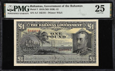 BAHAMAS. Bahamas Government. 1 Pound, 1919 (ND 1930). P-7. PMG Very Fine 25.
Printed by W&S. Scarce early 1919 Series Pound. King George V is seen on...