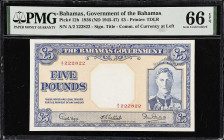 BAHAMAS. Government of the Bahamas. 5 Pounds, 1936. P-12b. PMG Gem Uncirculated 66 EPQ.
Printed by TDLR. Signature title of Commissioner of Currency ...