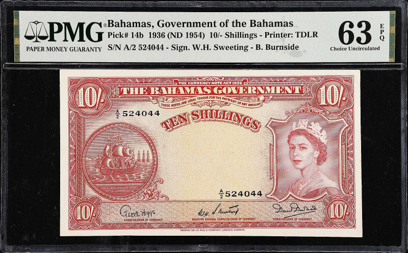 BAHAMAS. Lot of (3). Bahamas Government. 10 Shillings, 1936 (ND 1954). P-14b. PM...