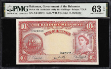 BAHAMAS. Lot of (3). Bahamas Government. 10 Shillings, 1936 (ND 1954). P-14b. PMG About Uncirculated 53 EPQ to Choice Uncirculated 63 EPQ.
A trio of ...
