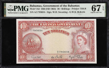 BAHAMAS. Bahamas Government. 10 Shillings, 1936 (ND 1963). P-14d. PMG Superb Gem Uncirculated 67 EPQ.
Printed by TDLR. Signature combination of W.H. ...