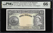 BAHAMAS. Bahamas Government. 1 Pound, 1936 (ND 1963). P-15d. PMG Gem Uncirculated 66 EPQ.
Printed by TDLR. Signature combination of W.H. Sweeting and...