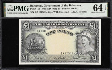 BAHAMAS. Bahamas Government. 1 Pound, 1936 (ND 1963). P-15d. PMG Choice Uncirculated 64 EPQ.
Printed by TDLR. Signature combination of W.H. Sweeting ...
