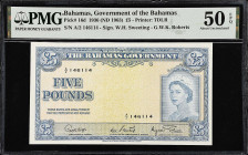 BAHAMAS. Bahamas Government. 5 Pounds, 1936 (ND 1963). P-16d. PMG About Uncirculated 50 EPQ.
Printed by TDLR. Signature combination of W.H. Sweeting ...