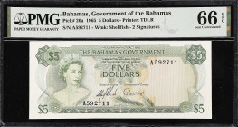 BAHAMAS. Bahamas Government. 5 Dollars, 1965. P-20a. PMG Gem Uncirculated 66 EPQ.
$5, 1965, serial number A592711. Green on multicolor, three quarter...