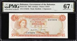BAHAMAS. Bahamas Government. 5 Dollars, 1965. P-21b. PMG Superb Gem Uncirculated 67 EPQ.
Printed by TDLR. Watermark of shellfish. Three signatures. J...