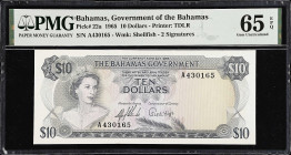 BAHAMAS. Bahamas Government. 10 Dollars, 1965. P-22a. PMG Gem Uncirculated 65 EPQ.
Printed by TDLR. Watermark of shellfish. Two signatures. Gem.

E...