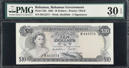 BAHAMAS. Bahamas Government. 10 Dollars, 1965. P-22b. PMG Very Fine 30 EPQ.
$10, 1965, serial number B412571. Blue on multicolor, three quarter profi...