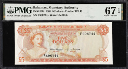 BAHAMAS. Bahamas Monetary Authority. 5 Dollars, 1968. P-29a. PMG Superb Gem Uncirculated 67 EPQ.
Printed by TDLR. Watermark of Shellfish. PMG Pop 16/...