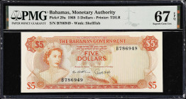 BAHAMAS. Bahamas Monetary Authority. 5 Dollars, 1968. P-29a. PMG Superb Gem Uncirculated 67 EPQ.
Printed by TDLR. Watermark of shellfish. An impressi...